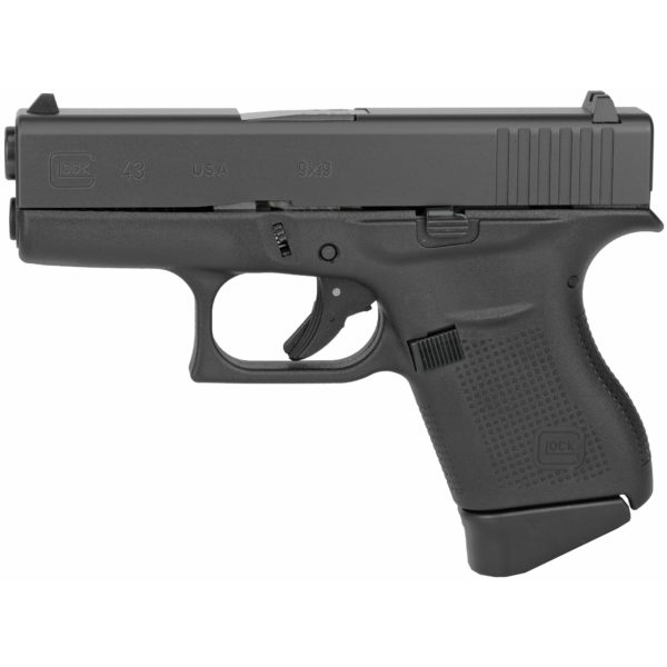 Glock, 43, Striker Fired, Semi-automatic, Polymer Frame Pistol, Sub-Compact, 9MM, 3.41" Barrel, Matte Finish, Black, No Finger Grooves, Fixed Sights, 6 Rounds, 2 Magazines