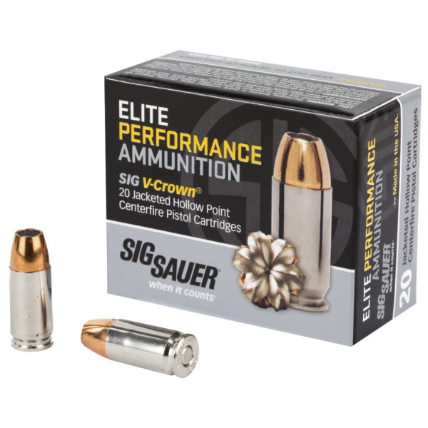 Sig Sauer, Elite Performance V-Crown Ammunition, 9MM, 124 Grain, Jacketed Hollow Point, 20 Round Box