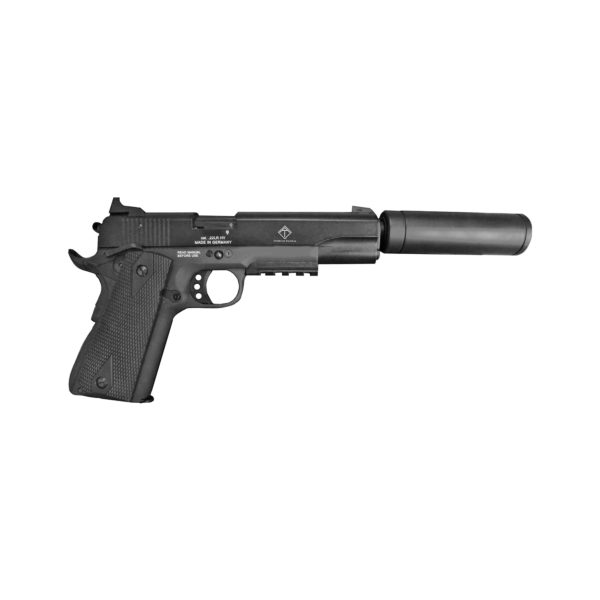 American Tactical, 1911 ADOP, Semi-automatic, Metal Frame Pistol, Full Size, 22LR, 5" Threaded Barrel, Alloy, Blued Finish, Polymer Grips, 10 Rounds, Faux Suppressor