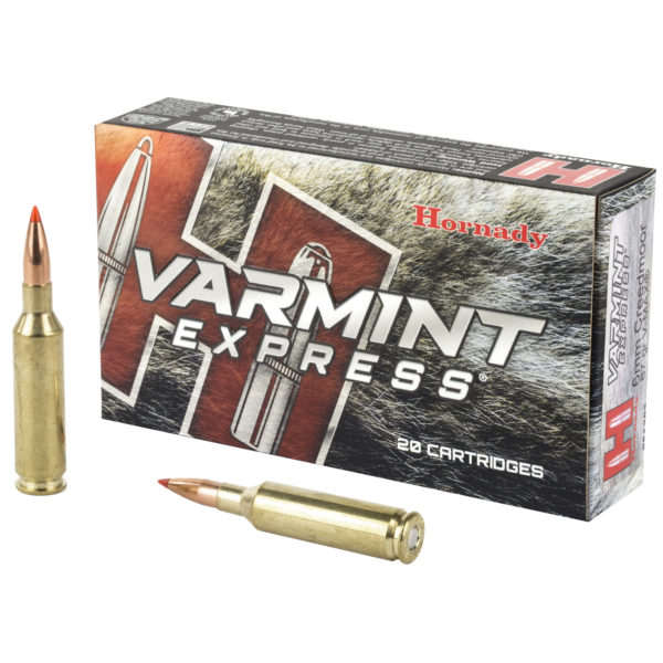 Hornady(R) Varmint Express(R) ammunition is designed around the hard-hitting performance of the famous V-MAX(R) bullet. Polymer tipped V-MAX(R) bullets deliver match accuracy, high ballistic coefficients, wind defying trajectories, and rapid fragmentation upon contact. Each Varmint Express(R) offering is loaded with high quality cases and carefully selected propellant and primers that are chosen to provide the best performance in each individual load.
