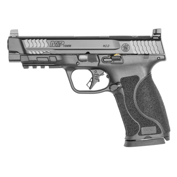 Smith & Wesson, M&P 2.0, Striker Fired, Semi-automatic, Polymer Frame Pistol, Full Size, 10MM, 4.6" Barrel, Armornite Finish, Black, Optic Height White 3 Dot Sights, No Thumb Safety, 15 Rounds, Optics Ready Slide, 2 Magazines