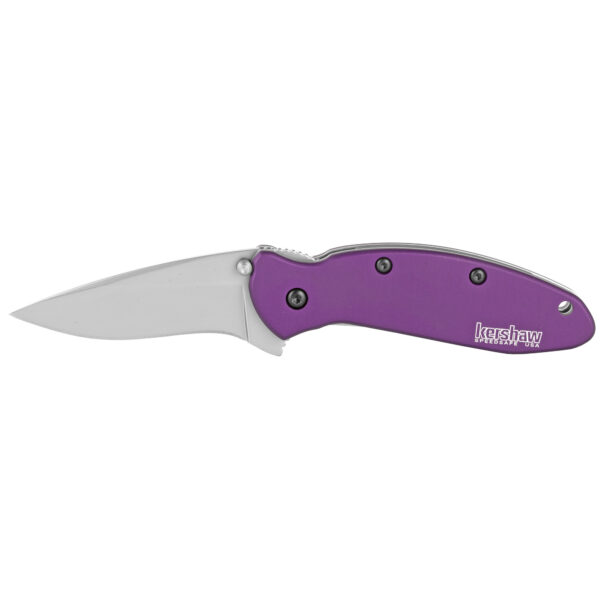 Kershaw, Scallion, 2.4", Assisted Folding Knife, Clip Point, Plain Edge, 420HC/Satin, Anodized Aluminum, Thumb Stud/Pocket Clip, Purple