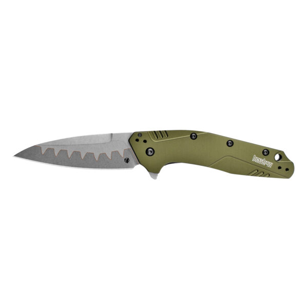 Kershaw, Dividend, Folding Knife/Assisted, Drop Point, Plain Edge, 3" Composite with D2 Cutting Edge and N690 Upper, Olive Anodized Aluminum 6061-T6 Handle