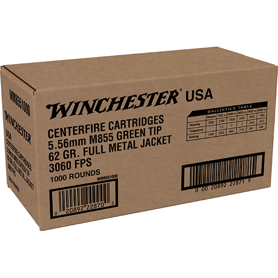 Winchester Lake City 5.56x45mm NATO M855 62GR FMJ 1000 RD Bulk Case