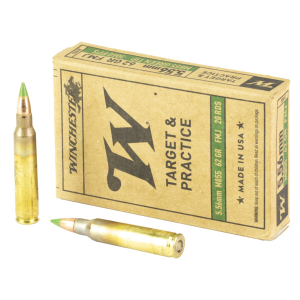 Winchester Ammunition, M855, 556NATO, 62 Grain, Full Metal Jacket, Green Tip, Box of 20