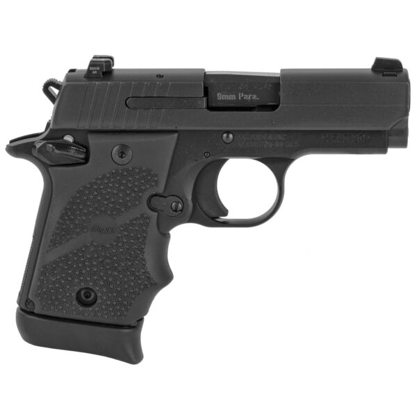 Sig Sauer, P938, Single Action Only, Semi-automatic, Metal Frame Pistol, Sub-Compact, 9MM, 3" Barrel, Alloy, Nitron Finish, Black, Rubber Grips, SIGLITE Night Sights, Ambidextrous Thumb Safety, 7 Rounds, 1 Magazine